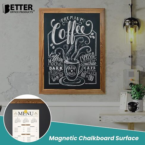سبورة حائط مغناطيسية من Better Office Products، حجم كبير 18 بوصة × 24 بوصة، إطار خشبي ريفي، لافتة سبورة، حامل حائط عمودي أو أفقي، يتضمن طباشير وممحاة، (بني ريفي) in Kuwait
