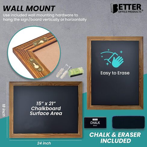 سبورة حائط مغناطيسية من Better Office Products، حجم كبير 18 بوصة × 24 بوصة، إطار خشبي ريفي، لافتة سبورة، حامل حائط عمودي أو أفقي، يتضمن طباشير وممحاة، (بني ريفي) in Kuwait