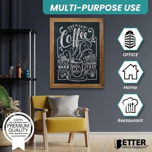 سبورة حائط مغناطيسية من Better Office Products، حجم كبير 18 بوصة × 24 بوصة، إطار خشبي ريفي، لافتة سبورة، حامل حائط عمودي أو أفقي، يتضمن طباشير وممحاة، (بني ريفي) in Kuwait