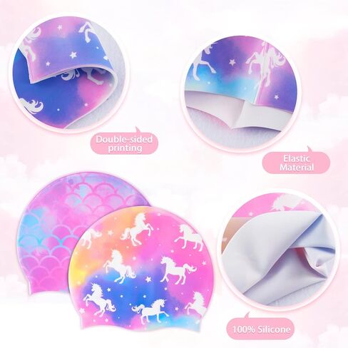 2 Pack Kids Swim Cap Durable Silicone Swim Caps for Boys Girls Toddler Waterproof Bathing Pool Swimming Caps Comfortable Kids Mermaid Unicorn Swimming Hats for Long and Short Hair in Saudi Arabia
