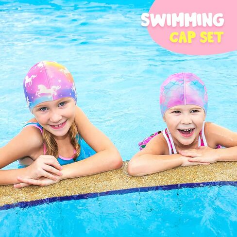 2 Pack Kids Swim Cap Durable Silicone Swim Caps for Boys Girls Toddler Waterproof Bathing Pool Swimming Caps Comfortable Kids Mermaid Unicorn Swimming Hats for Long and Short Hair in Saudi Arabia