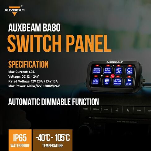 Auxbeam 6 Gang Switch Panel RA60 Toggle Momentary Pulsed RGB Dimmable Switch Panel Multifunction Switch Panel Built in Solid State Relay Marine Switch Panel Waterproof for Car Boat, 2 Years Warranty in Saudi Arabia
