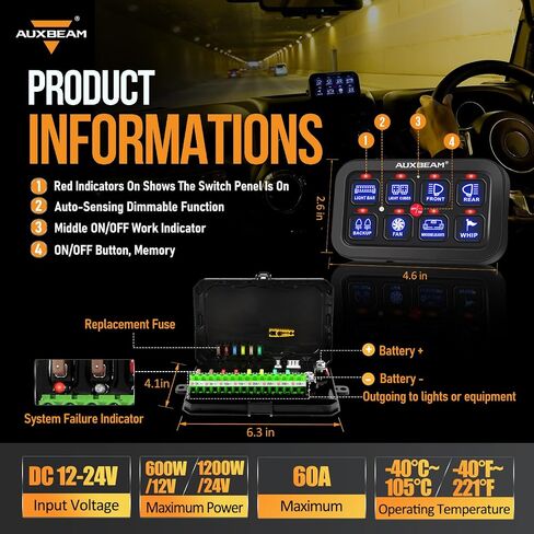 Auxbeam 6 Gang Switch Panel RA60 Toggle Momentary Pulsed RGB Dimmable Switch Panel Multifunction Switch Panel Built in Solid State Relay Marine Switch Panel Waterproof for Car Boat, 2 Years Warranty in Saudi Arabia