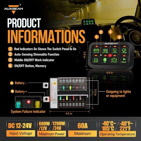 Auxbeam 6 Gang Switch Panel RA60 Toggle Momentary Pulsed RGB Dimmable Switch Panel Multifunction Switch Panel Built in Solid State Relay Marine Switch Panel Waterproof for Car Boat, 2 Years Warranty in Saudi Arabia