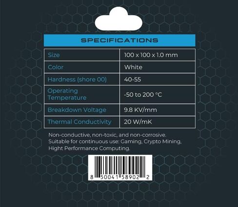 XPC High Performance 20W/mK Thermal Pad T20 Series, 100 x 100mm, White, 0.5mm to 3.5mm Thickness, Non-Conductive for GPU, Electronics, Computer Parts (1.00mm) in Saudi Arabia