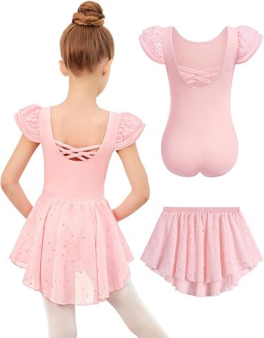 Zaclotre Girls Ballet Leotards with Removable High Low Skirt Toddler Ruffle Sleeve Hollow Back Dance Outfit Combo in Kuwait