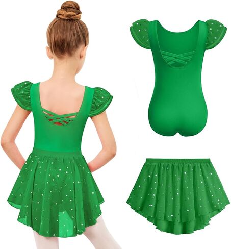 Zaclotre Girls Ballet Leotards with Removable High Low Skirt Toddler Ruffle Sleeve Hollow Back Dance Outfit Combo in Kuwait