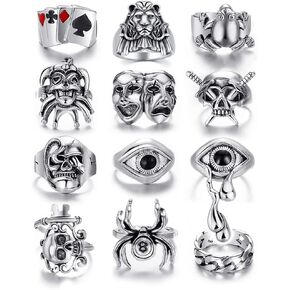KISS WIFE Silver Punk Hippie Gothic Chunky Ring Set for Men, Size 9-10, Alloy Material, Halloween Jewelry