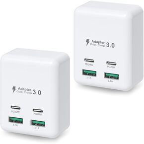 شاحن حائط USB C مسطح 2 حزمة، Costyle 40W كتلة شحن سريع 4 منافذ QC + PD 3.0 محول قابس حائط متعدد المنافذ من النوع C مكعب متوافق مع iPhone 16 15 14 13 12 11 Pro Max والأجهزة اللوحية والبكسل (أبيض)