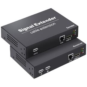 HDMI KVM USB Extender, HDMI KVM Extender Over Cat5e/6/7 Cable Up to 394FT/120M, KVM Extender Over Ethernet Support All System, Plug and Play, with 2 USB Ports for Keyboard and Mouse