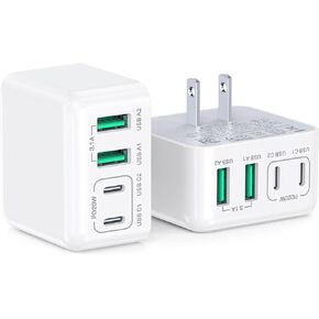 2-Pack USB C Wall Charger,40W USB-C Charger Cube,4-Port Type C Fast Charging Brick Dual PD&QC Wall Plug for iPhone16 15 14 13 12 11 Pro Max XR XS,iPad,AirPods,Iwatch,Huawei, Oneplus,Galaxy