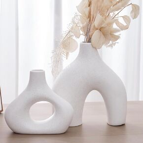 Vase, White Ceramic Vase Set of 3 - Minimalist Modern Home Decor for Desk, Shelf, and Table - Aesthetic Flower Vases for Entryway, Mantle, and Bookshelf