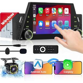 Single Din Touchscreen Car Stereo - Wireless Carplay and Android Auto, 5 inch 1 Din Car Radio with Bluetooth 5.0, Mirror Link, FM Radio, Steering Wheel Control, USB/TF/AUX, Backlight+Backup Camera Mic