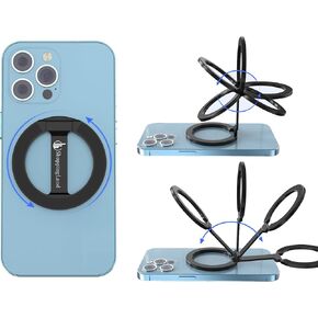 Strong Magnetic Phone Grip with Kickstand - Versatile Cell Phone Holder for Gym, Car Mount- Durable Double-Sided Magnetic Ring- Includes Metal Ring, Compatible with iPhone and All Cell Phones- (Black)