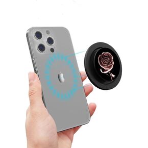 Adjustable Magnetic Phone Grip Compatible with MagSafe, Adapter Ring for Magnetic Included, Phone Holder, Wireless Charging Compatible - Black Rose Flower