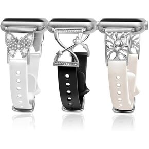 3 Pack Silicone Bands with Metal Charms Compatible with Apple Watch Band 38mm 40mm 41mm 42mm 44mm 45mm 46mm 49mm for Women, Diamond Bands for iWatch Apple Watch Series 10 9 8 7 6 5 4 3 2 1 SE Ultra