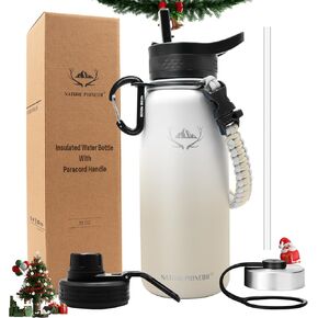 NATURE PIONEOR Insulated Water Bottles with Paracord Handle - 18 oz Vacuum Sports Wide Mouth Water Bottle with 3 Lids, Leak Proof Stainless Steel Keeps Hot and Cold