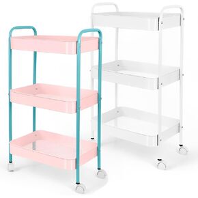 3-Tier Metal Rolling Cart: Utility Carts with Wheels Moveable Storage Organizer Trolley for Office Kitchen Bathroom Laundry Room