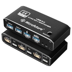 8k@60Hz KVM Switch 2X1, HDMI 2.1 Switch 1 Monitor 2 Computers for 4 USB3.0 Devices, USB C Switch Selector with Hotkey Switch, Supports 4K@120Hz, 2K@144Hz, 1080P@240Hz (2 USB 3.0 Cable Included)