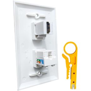 Single Gang 90 Degree CAT6 Ethernet Punch Down and HDMI Wall Plate with Tool, 4K HDMI and CAT 6 RJ45 Keystone Jack Punchdown Cover Plate - White