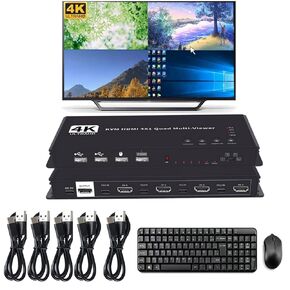 4 Ports KVM HDMI Quad Multi-viewer Switcher 4K HDMI Screen Divider Switcher with USB KVM 4 in 1 Out Seamless Switch for 4 PC