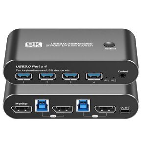 8K DP KVM Switch 1 Monitors 2 Computers, DP 1.4 Support 8K60Hz 4K144Hz 2K175Hz,2Port Displayport KVM Switch with 4 USB 3.0 Ports,Share Keyboard Mouse Printer,with 2 DP Cables, 2 USB A to B Cables