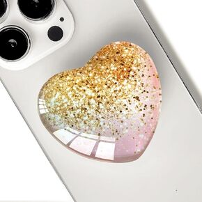 Moblile Cell Phone Grip Heart Shape Glass Holder for Smartphones and Tablets, Cellphone Collapsible Expandiing Stand（Pink Gold