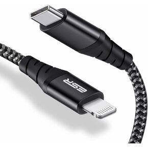 كابل ESR USB-C إلى Lightning، (3 أمتار، معتمد من MFi)، كابل شحن سريع PD لأجهزة iPhone 13/13 mini/13 Pro/13 Pro Max/12/12 mini/12 Pro/12 Pro Max/SE 2022/ 11/XR/XS Max/XS/X/8، نايلون مجدول، أسود in Kuwait