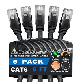 CableGeeker Cat 6 Ethernet Cable 3 ft (5-Pack) - Cat6 Patch Cables 10G Support, Snagless RJ45 26AWG Short Cat 6 Patch Cable, Cat 6 Cable, Internet Cable, Network Cable - 3 Feet Black