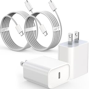 Usb C Charger Block，2pcs 20W iphone 16 Charger Usb C Charger Block Fast Charging with 6FT Usb to Usb C Woven Cable for iPhone16/Pro/Pro Max/Plus,iPhone15/Pro/Pro Max/Plus,iPad 10,iPad Pro,iPad Air 5/4
