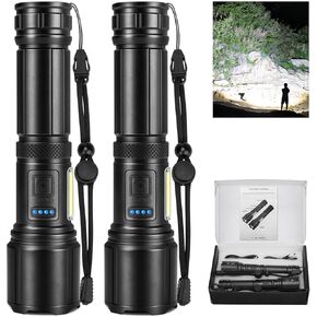 Flashlights High Lumens Rechargeable, 2 Pack LED Flash Light 990,000 Lumens Super Bright High Powered Flashlight with COB Light, 7 Modes, IPX7 Waterproof for for Emergencies, Camping