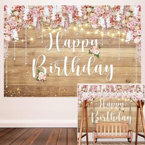 Wood Floral Birthday Backdrop 7x5FT Pink Flower Rose Photography Background Women Girl Kid Adult Happy Birthday Party Decoration Photo Shoot Props