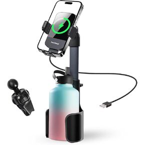 3 in 1 Wireless Car Charger Cup Holder Phone Mount, 15W Fast Charging Auto Clamping Car Phone Charger, Adjustable Air Vent Cup Holder for Car Phone Stand Compatible for iPhone Samsung &All Smartphones