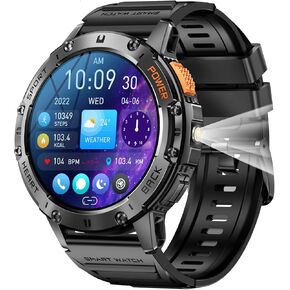 Sports Smart Watches for Men with LED Flashlight, Fitness Tracker Watch Outdoor, IP68 Waterproof Running Smartwatch for Android Phone, Digital Health Blood Pressure Heat Rate Sleep Monitor, Black