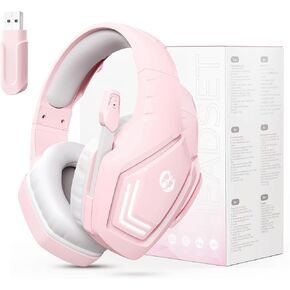 Anivia 2.4GHz Wireless Gaming Headset with Microphone for Work, PC Comptuers, Laptop, Over Ear Gamer Headphones with Mic, LED Light, Bass Surround Sound, Soft Ear Pads, for Girls and Women (Pink)