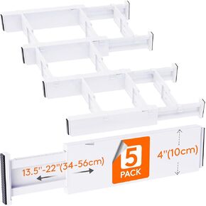 Lifewit 5 Pack Drawer Dividers 4" High, 13.5"-22" Adjustable Drawer Organizer with 10 Inserts for Clothes/Makeup, Plastic Expandable Separators in Dresser/Bedroom/Bathroom/Kitchen/Office