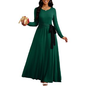 FANDEE Women's Casual Maxi Dress Long Sleeve Loose Plain Empire Waist Dress Crewneck Bow Dresses with Belt