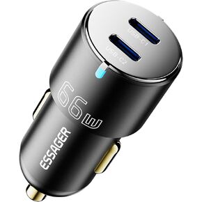 Essager 66W Fast Car Charger USB C Cigarette Lighter Adapter All-Metal with Dual Port PD/PPS/QC3.0 Type C Car Charger Adapter for iPhone 16/15/14/13/12 Pro Max, MacBook, iPad, Samsung Galaxy S24 S23