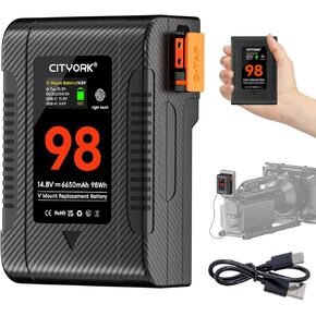 Mini V Mount Battery 98Wh/ 6650mAh 14.8V Battery with BP, D-TAP, USB-A, USB-C Port, OLED Display for Camera, Camcorder, Video Light (PD 65W USB-C Cable*1,Fast Charging)