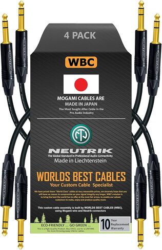 WORLDS BEST CABLES 4 Units - 0.5 Foot - Balanced TRS Patch Cable Custom Made Using Mogami 2549 (Black) Wire and Neutrik NP3X-B Gold TRS Stereo Plugs in Saudi Arabia