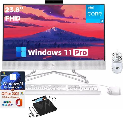 كمبيوتر مكتبي HP الكل في واحد مقاس 23.8 بوصة - مع محرك أقراص ضوئي 8 في 1 • Windows 11 Pro و2021 Office مدى الحياة - شاشة FHD - معالج Intel i3 ثنائي النواة - مع ماوس ومحرك أقراص U سعة 256 جيجا بايت (ذاكرة وصول عشوائي سعة 64 جيجابايت | محرك أقراص SSD سعة 2  in Kuwait