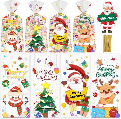 100 Pcs Halloween Treat Bags - Happy Halloween Goodie Bag, Plastic Halloween Pumpkin Cellophane Bags Bulk, Clear Gift Goody Candy Bags with Twist Ties for Halloween Party Supplies Favors Decorations in Saudi Arabia