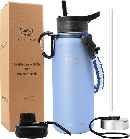 NATURE PIONEOR Insulated Water Bottles with Paracord Handle - 18 oz Vacuum Sports Wide Mouth Water Bottle with 3 Lids, Leak Proof Stainless Steel Keeps Hot and Cold in Saudi Arabia