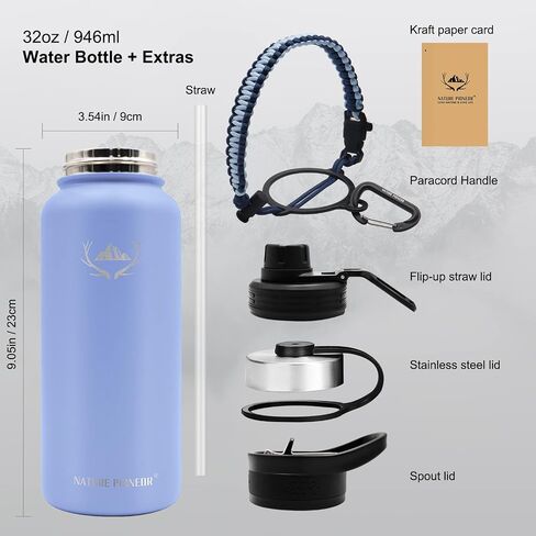 NATURE PIONEOR Insulated Water Bottles with Paracord Handle - 18 oz Vacuum Sports Wide Mouth Water Bottle with 3 Lids, Leak Proof Stainless Steel Keeps Hot and Cold in Saudi Arabia