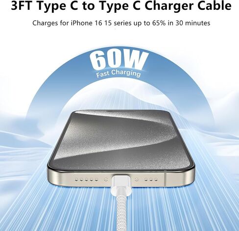 USB C to C Charger Cable 10ft, 60W Type C to C Fast Charging Cable Cord Long for Apple iPhone 17 Pro Max/17 Air/16 Pro Max/16 Pro/15 Plus/15 Pro Max/MacBook 2021/2020/2019,iPad Pro/Mini/Samsung Galaxy in Kuwait