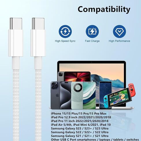 USB C to C Charger Cable 10ft, 60W Type C to C Fast Charging Cable Cord Long for Apple iPhone 17 Pro Max/17 Air/16 Pro Max/16 Pro/15 Plus/15 Pro Max/MacBook 2021/2020/2019,iPad Pro/Mini/Samsung Galaxy in Kuwait