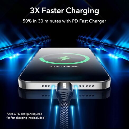 كابل ESR USB-C إلى Lightning، (3 أمتار، معتمد من MFi)، كابل شحن سريع PD لأجهزة iPhone 13/13 mini/13 Pro/13 Pro Max/12/12 mini/12 Pro/12 Pro Max/SE 2022/ 11/XR/XS Max/XS/X/8، نايلون مجدول، أسود in Kuwait