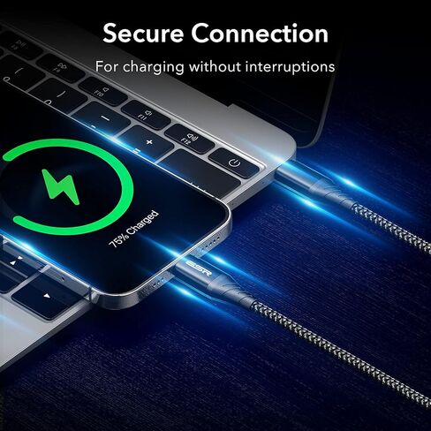 كابل ESR USB-C إلى Lightning، (3 أمتار، معتمد من MFi)، كابل شحن سريع PD لأجهزة iPhone 13/13 mini/13 Pro/13 Pro Max/12/12 mini/12 Pro/12 Pro Max/SE 2022/ 11/XR/XS Max/XS/X/8، نايلون مجدول، أسود in Kuwait