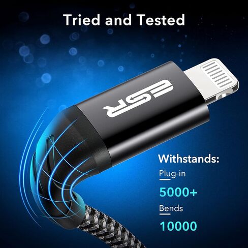 كابل ESR USB-C إلى Lightning، (3 أمتار، معتمد من MFi)، كابل شحن سريع PD لأجهزة iPhone 13/13 mini/13 Pro/13 Pro Max/12/12 mini/12 Pro/12 Pro Max/SE 2022/ 11/XR/XS Max/XS/X/8، نايلون مجدول، أسود in Kuwait