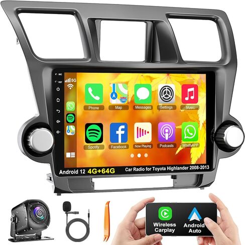 ستيريو راديو السيارة 4G+64G لسيارة Toyota Highlander 2014-2019، Carplay اللاسلكي وAndroid Auto مع Android 12 يدعم البلوتوث/التحكم الصوتي/GPS/WiFi/SWC/FM، شاشة لمس IPS مقاس 10.1 بوصة لسيارة Highlander in Saudi Arabia